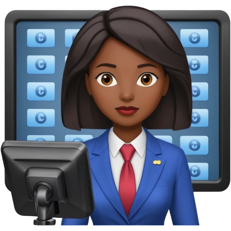 news anchor black skin woman, with a screen with a prompter in front of her emoji