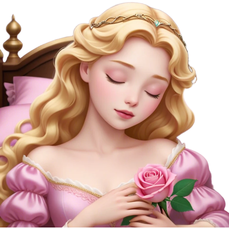 Cinematic Realistic Sleeping Beauty (Aurora) Portrait, with porcelain-like skin featuring a natural rosy flush, illuminated by soft lighting that highlights the gentle contours of her face. Her golden blonde hair flows in soft, detailed waves with subtle highlights that shimmer in the light. Her deep violet-blue eyes radiate warmth and innocence, framed by arched brows and long lashes. With a soft, serene smile, she holds a delicate rose gently in one hand, her other hand resting lightly by her side. She is dressed in her classic pink gown, the fabric rich in texture with delicate folds that catch the light. A golden crown rests atop her head, gleaming with royal refinement. The portrait captures a soft, glowing aura, blending realism with an ethereal sense of beauty and timeless enchantment. emoji