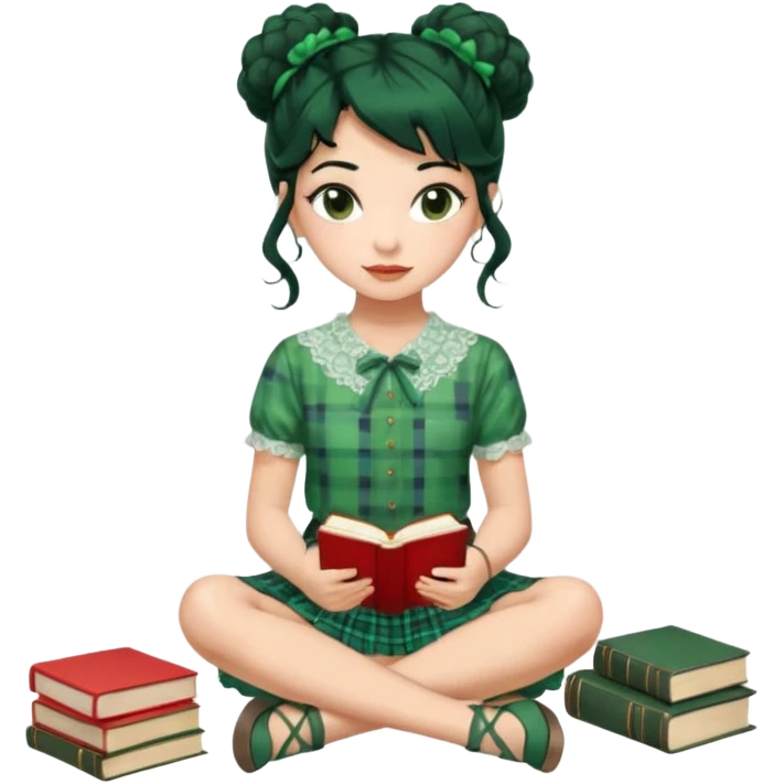 A beautiful girl wears a green lace blouse with short sleeves and a green lace skirt with a plaid pattern. Her long, curly black hair is styled in a messy bun. She holds books and crayons in her hands, and she is barefoot, sitting cross-legged on the floor. The illustration style is pop art. emoji