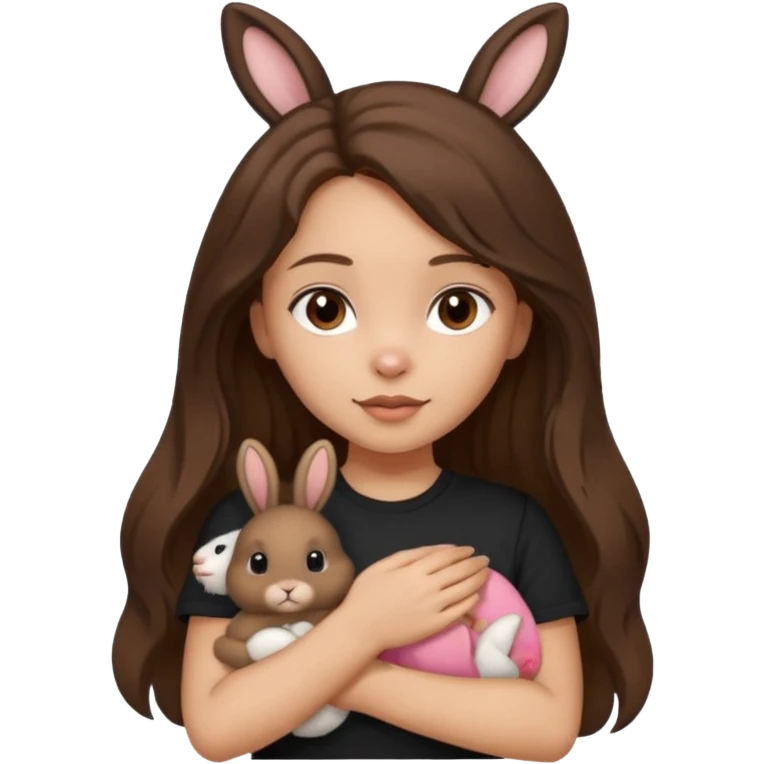 Girl About 15 years old with light skin and brunette Long slightly wavy hair, with dark brown eyes. Shes wearing black t-shirt. In her hand she's holding a brown bunny with ears down emoji