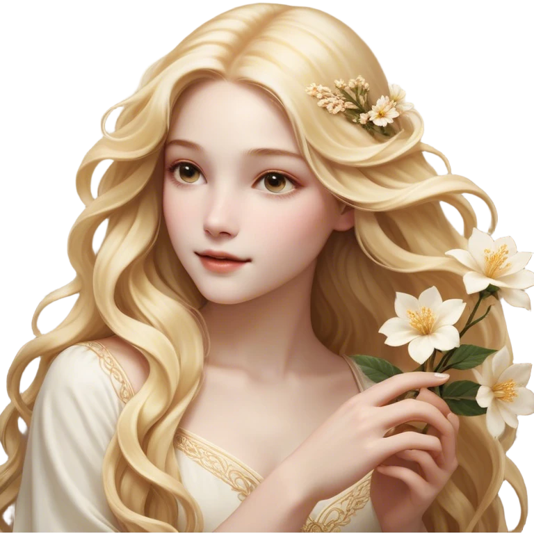 Cinematic Realistic Rapunzel Portrait, with porcelain-like skin featuring a subtle, natural glow, illuminated by soft lighting that brings out the gentle contours of her face. Her long, golden blonde hair cascades in detailed waves, each strand highlighted with a radiant shimmer as it catches the light. She playfully holds a flower in one hand, her other hand resting casually in her lap, with a warm and spirited expression. Her bright, expressive green eyes exude curiosity and warmth, framed by delicate lashes and soft, arched brows. She is dressed in her classic lavender and pink gown, the fabric textured with delicate folds that flow naturally, catching the light with a soft, radiant glow. The portrait captures a luminous, enchanting aura, seamlessly blending realism with a whimsical, fairytale charm, evoking a timeless sense of beauty and magic. emoji