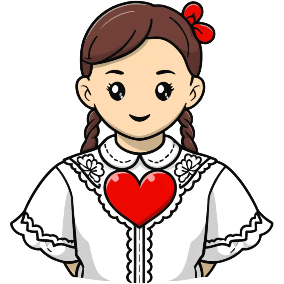 beautiful young girl wearing a white Ukrainian embroidered shirt with a big heart emoji