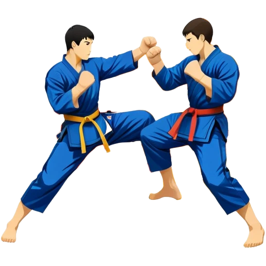 An emblem-style design featuring crossed martial arts weapons like a fist and foot, symbolizing striking combat sports. The background includes a silhouette of a fighter in an action pose, with dynamic lines and bold colors, showcasing speed and power. Transparent background. emoji