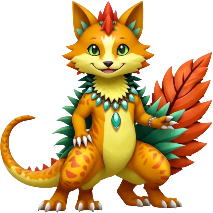 Kawaii cute reddish orangish yellowish greenish exotic tribal beautiful pretty elegant divine edgy feline-vernid-sergal-Fakémon-Pokémon-Digimon-fursona-animal-creature with accessories, jewelries, full body, with intricate detailed markings, furs, fins, scales, spiny emoji
