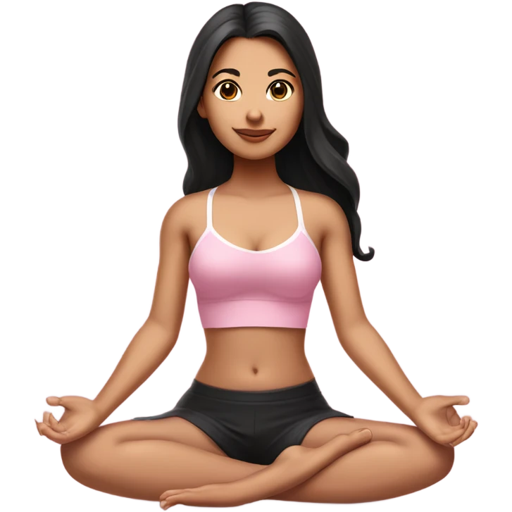 A girl with white skin tone, brown eyes and black long hair,  is sitting in a lotus position in a pink bra top and short white skirts emoji