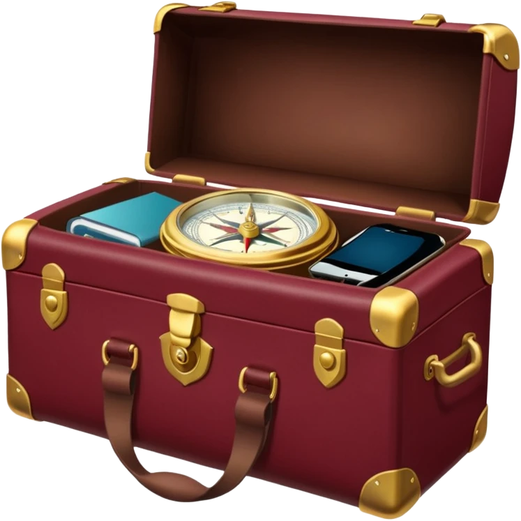 burgundy travel item and  a gold compass in the lower right corner of the emoji in front of travel item emoji