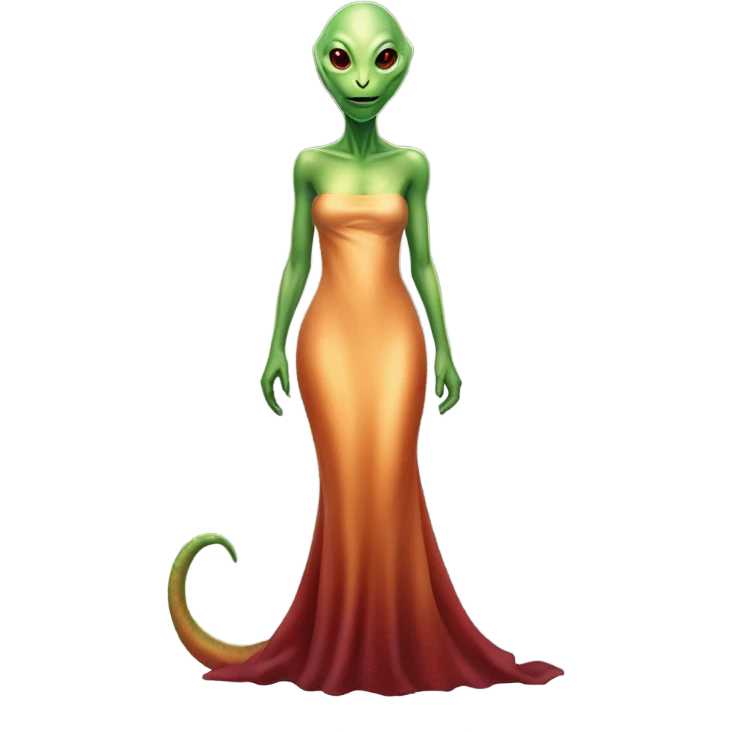 reptilian green alien woman, in long slim pastel orange formal party satin dress with gradient shiny sparkling dark red, full figure, full body emoji