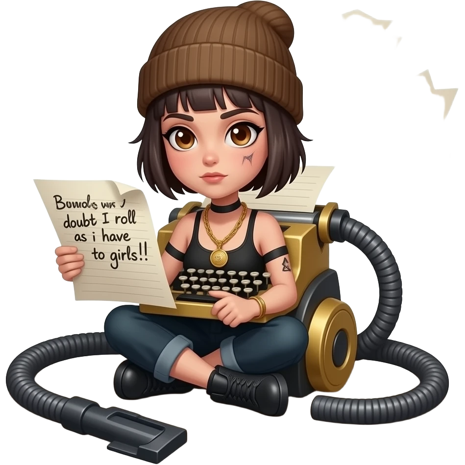 A disgusting vacuum sits alone in a dusty basement. Inside it's body is a tomgirl with short boyish hair, a beanie, and brown eyes rapping and wearing a golden stenography machine as a necklace. On her paper are the lyrics: "But I doubt I roll lyrics as I have to girls!!"
 emoji