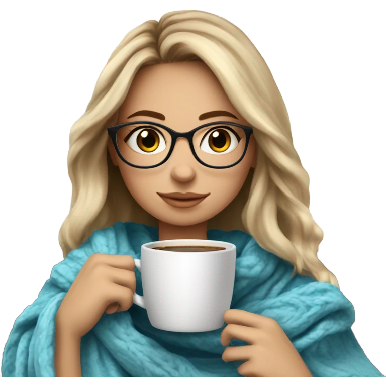 Balayage hair Girl drinking coffee, with a cozy blanket wearing glasses with blue eyes beautiful  emoji