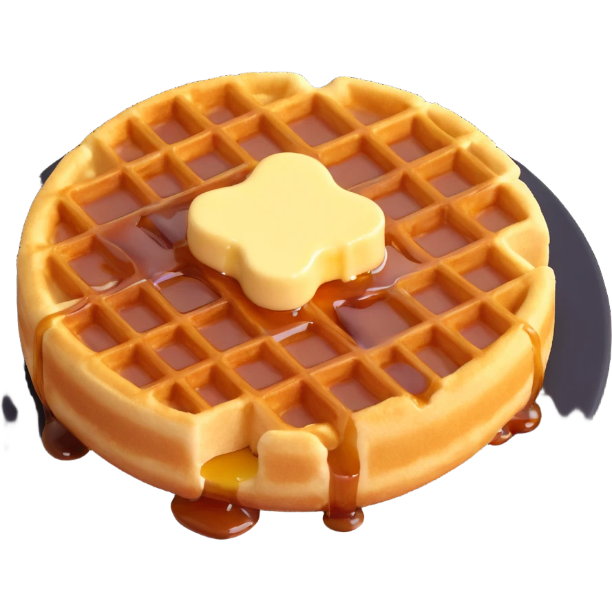cute cartoon-style golden waffle with grid pattern, topped with small square of melting butter and evenly drizzled maple syrup, soft lighting, minimal shadows emoji