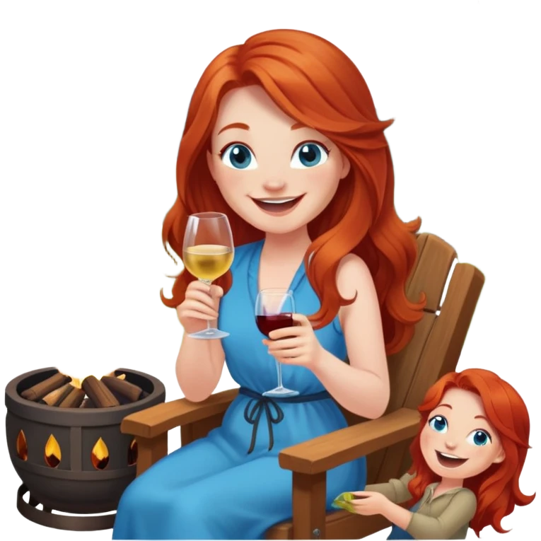 Laughing redhead with long hair and blue eyes holding wine bottle sitting in chair beside fire pit  emoji