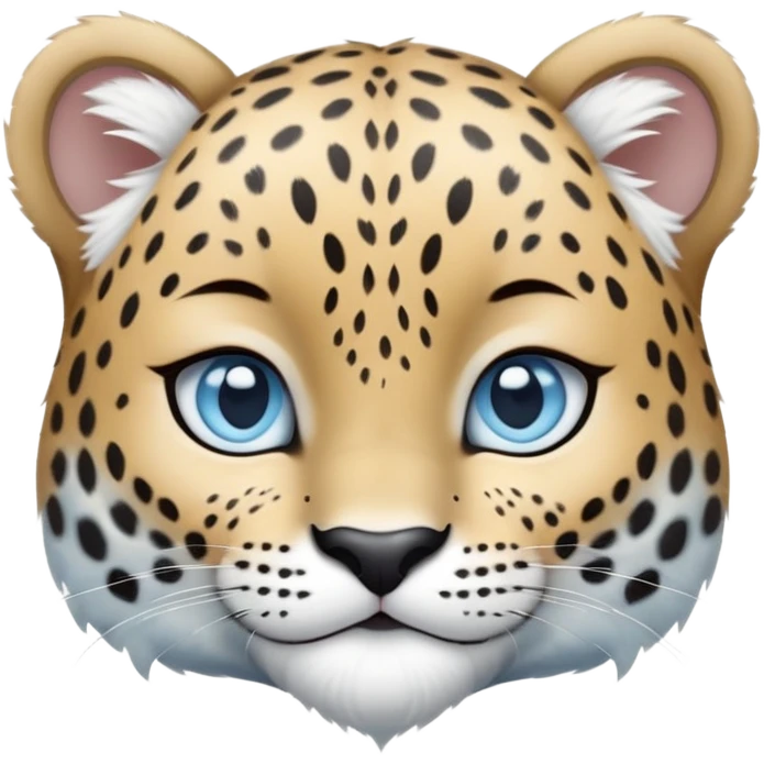 Cinematic-Noble-Snow-baby Leopard-Portrait-Emoji – Poised and majestic, with a muscular, agile build and a beautifully patterned coat of soft white and grey fur, marked with striking, deep-set, intelligent icy blue eyes, simplified yet sharp and sophisticated zoomed out showing the shoulders emoji