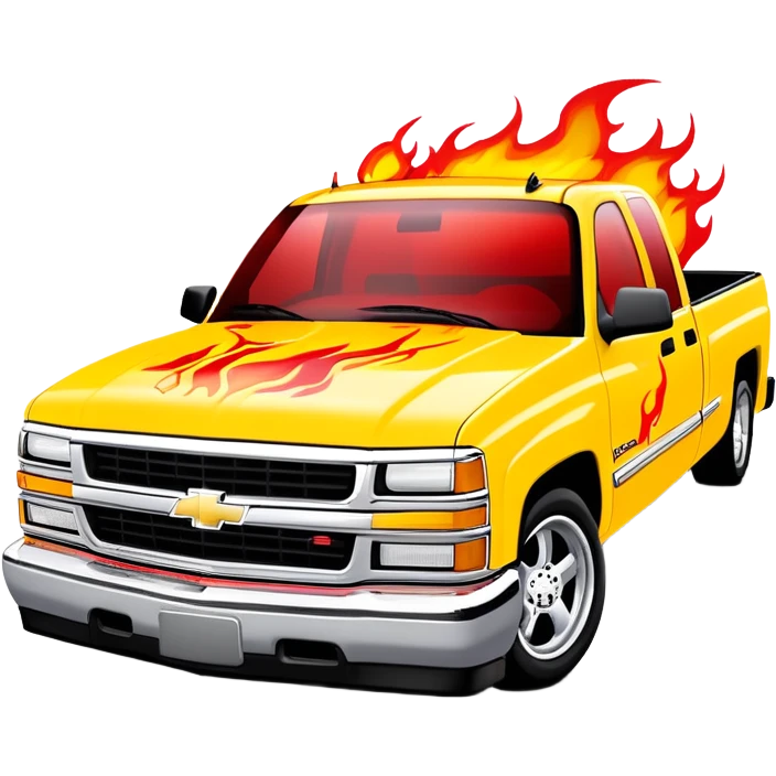 1997 yellow Chevrolet Silverado with detailed custom airbrushed red flame artwork spreading across hood and front, movie-accurate Kill Bill design, 30-degree angle, iOS emoji style emoji
