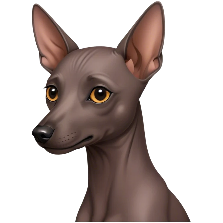 Cinematic Noble Xoloitzcuintle dog Portrait Emoji, Poised and regal, with a sleek, muscular build and smooth, hairless ebony skin accented by subtle wrinkles, deep-set soulful dark eyes, Simplified yet sharp and sophisticated features, highly detailed, glowing with a soft, dignified glow, high shine, intelligent and loyal, stylized with an air of ancient grace, focused and attentive, soft glowing outline, capturing the essence of a watchful and confident guardian, so majestic it feels as though it could stride out of the screen with effortless authority! emoji
