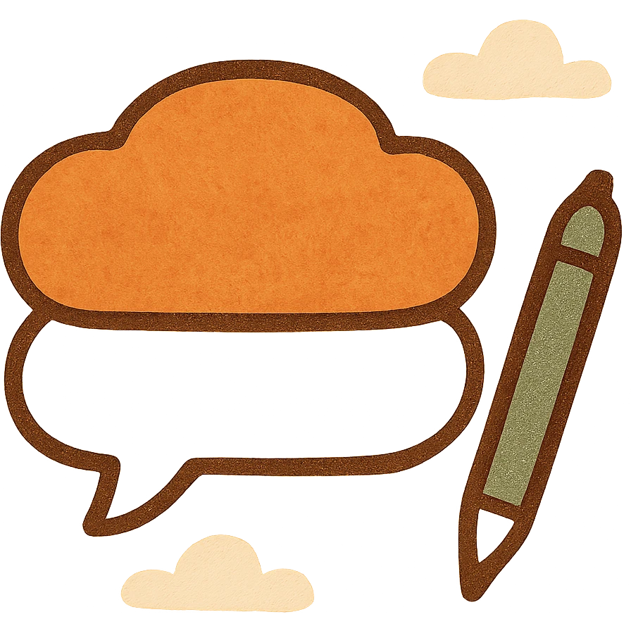 comic style speech bubble shaped like a cloud with a pen or pencil next to it representing a post caption as a comment emoji