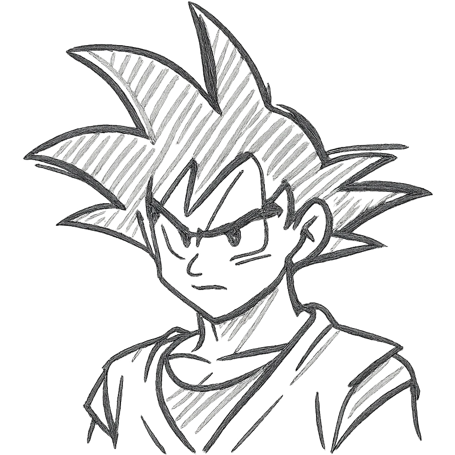 line art icon of GOKU, highlighting spiky hair and determined expression emoji
