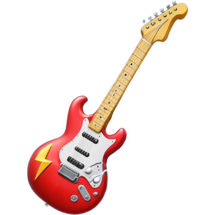 A 3D Apple-style emoji of a bold “ROCK” text written in shiny metallic letters, with an electric guitar leaning on the text, surrounded by small music notes and lightning bolts, energetic and powerful rock music vibe emoji