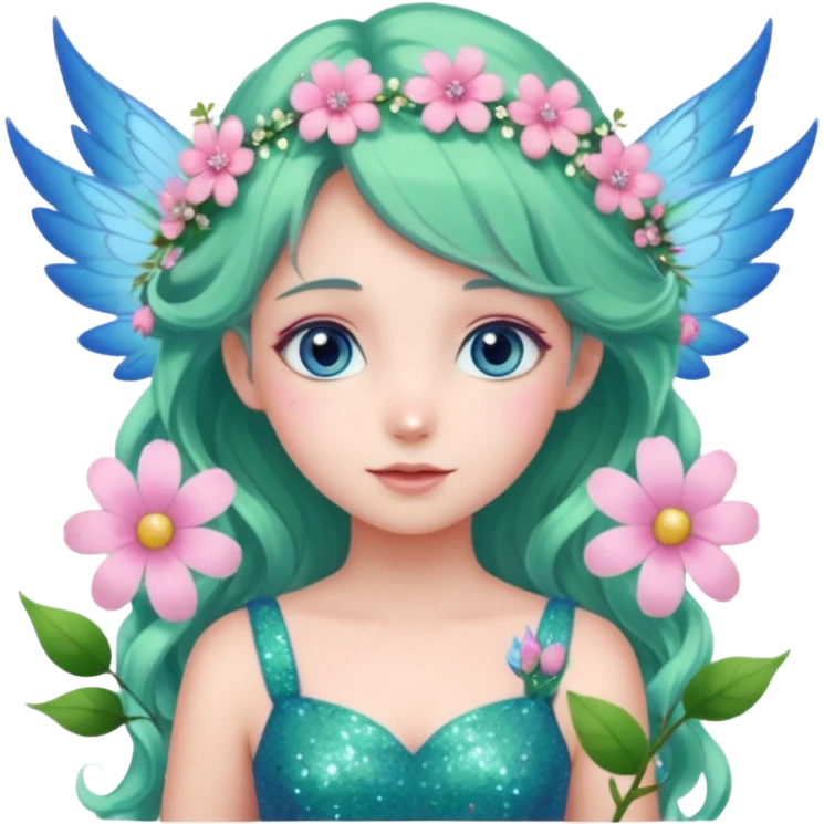 Una ragazza datata, occhi azzurri rosati dolci e aperti, vestito verde come la natura co  altri elementi e fiori rosa, deve avere le ali azzurrine,decorati con fiori e con glitter. O capelli di colore rosa chiaro con in acconciature tipica delle fate, capelli mossi e lunghi emoji