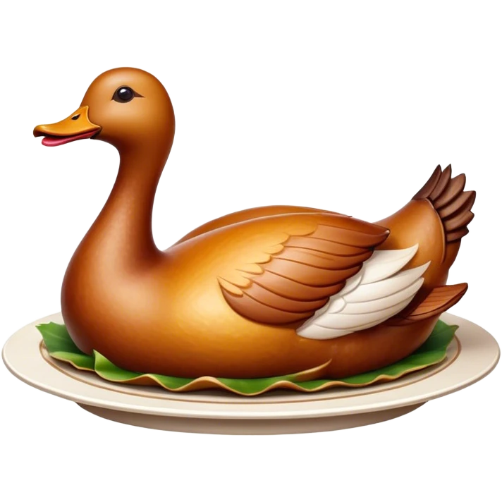 Cinematic Realistic Peking Duck Dish Emoji, depicted with crispy, roasted duck with glistening skin and succulent meat, rendered with rich textures and dramatic, appetizing lighting. emoji