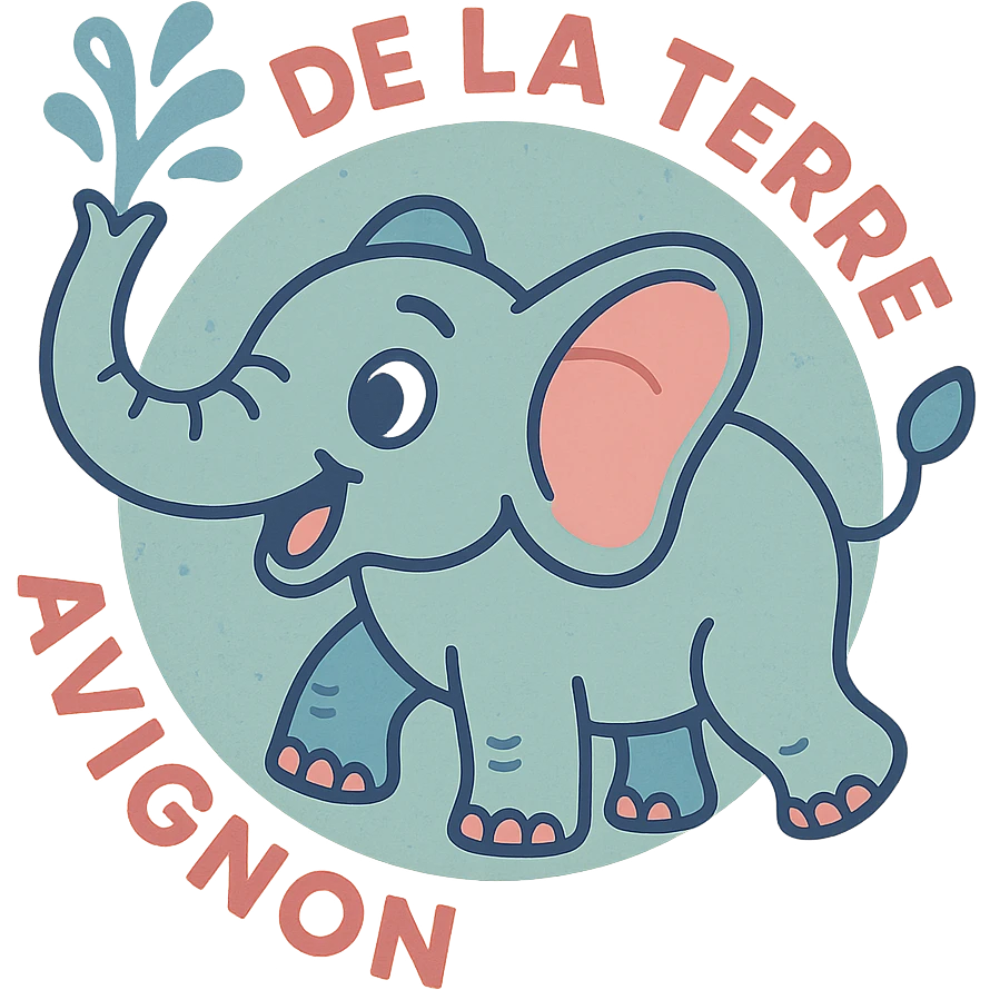 Logo avce un éléphant qui projette de l'eau avec au tour ( en rond ) écris : zoo de la terre avignon  emoji
