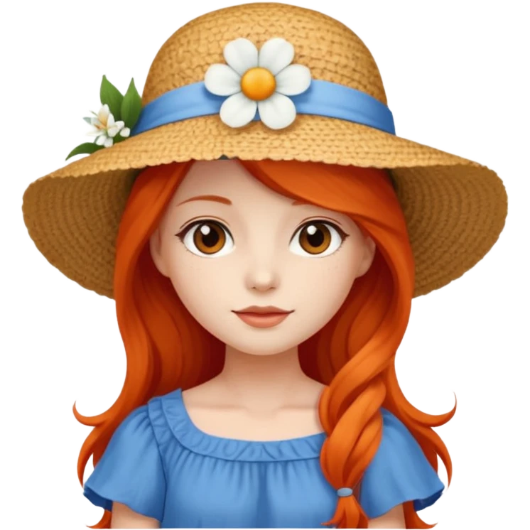 girl_wearing_summer_hat, white flower on hat, red orrange long hair, blue dress emoji