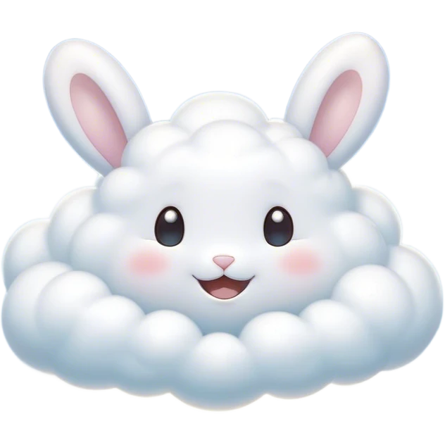 Cinematic tiny puffy bunny-shaped cloud, floating gently in the sky, soft glowing light, tiny rounded ears, smiling face, dreamy and magical. emoji