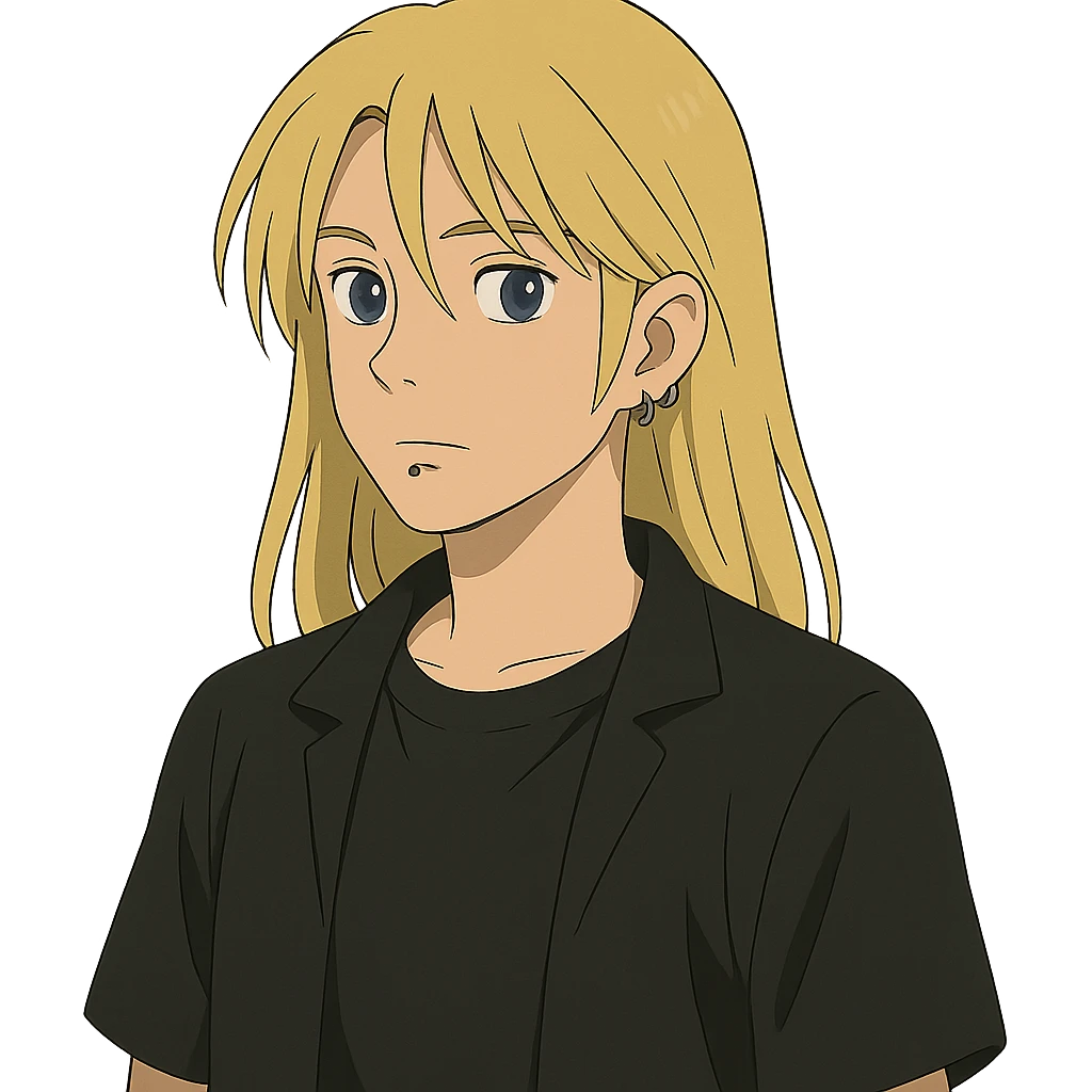 ghibli style boy with long light blonde hair, dark blue eyes, facial piercings, all black clothing emoji