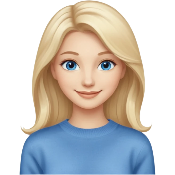hyper realistic glamourous pale woman, Long blonde balayage hair, smiling, beige sweater & blue eyes emoji
