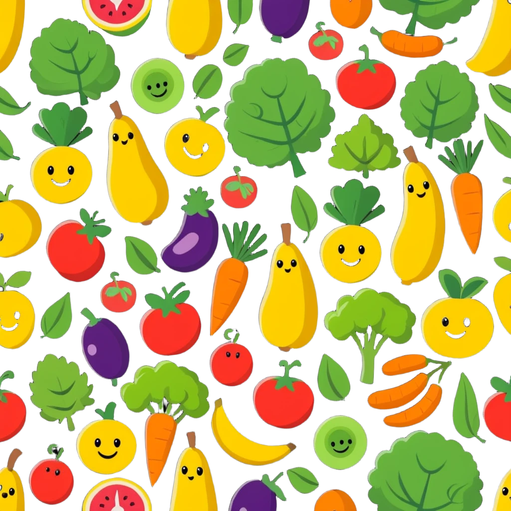 organic fruits and vegetables with happy faces emoji