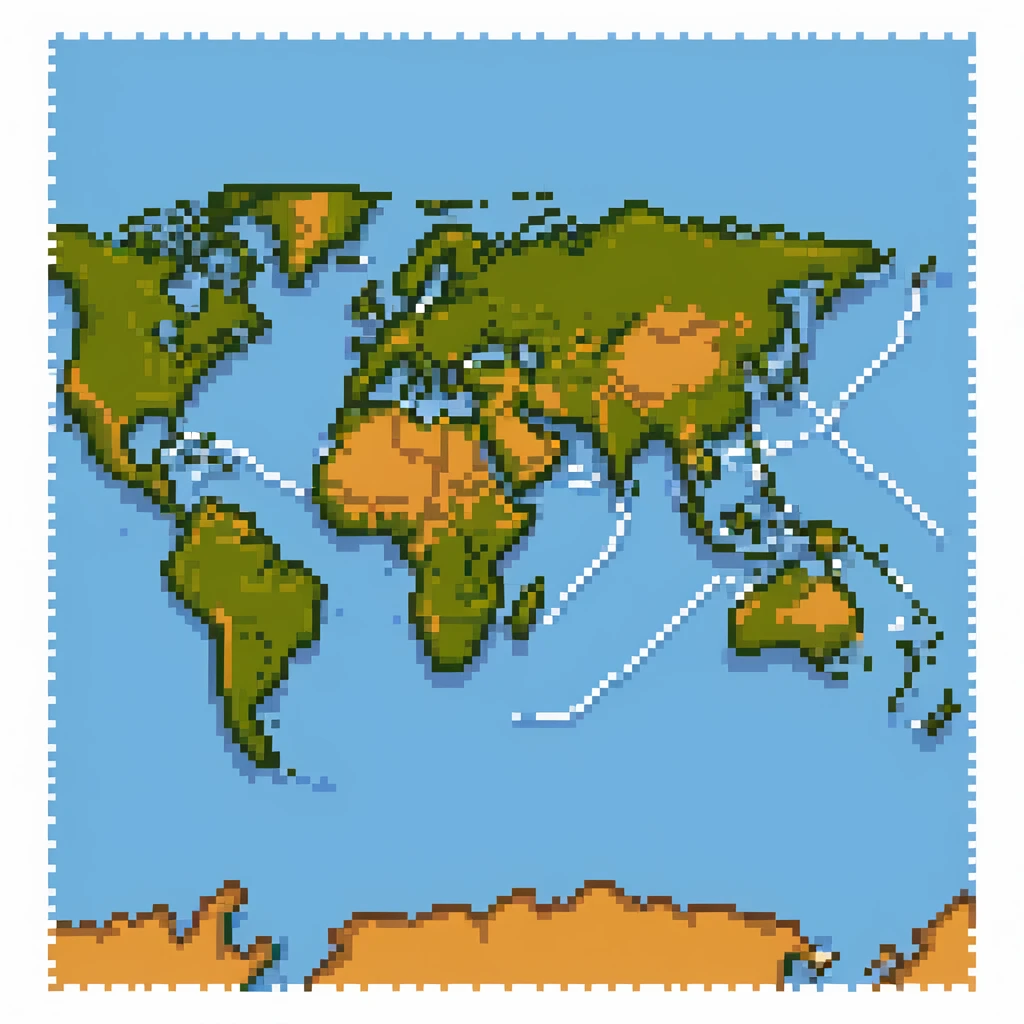 pixel art world map with a dotted route line showing travel path emoji