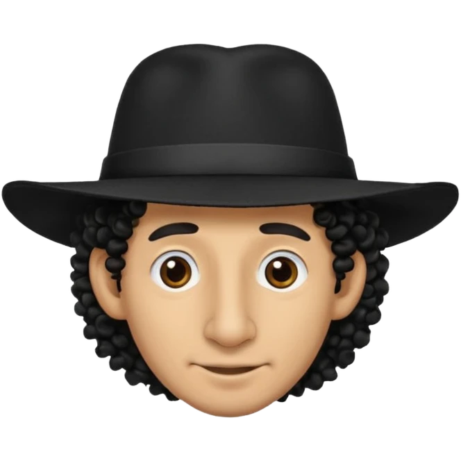 A man with a big nose and a black hat like a top hat but round and all black, with a strand of curly hair coming out from both sides of the hat emoji