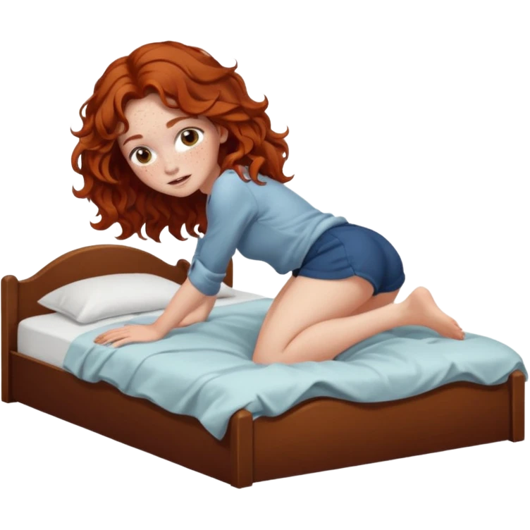 Fullbody nude very beautiful girl very beautiful face with freckles, wavy hair, big boobs, big ass, sexy body, bending over a bed spreading ass, getting ready for sex, busty emoji