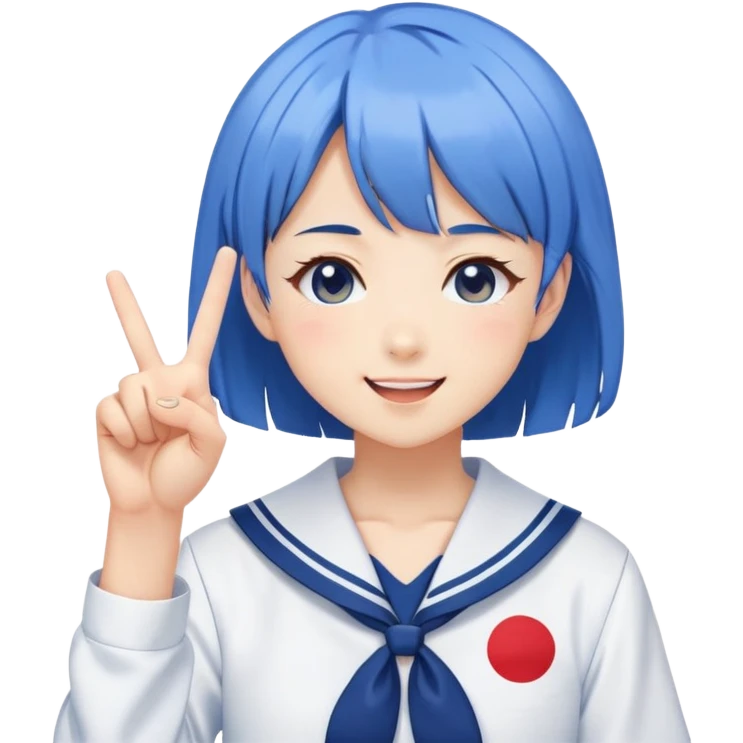 Energetic anime girl with short blue hair wearing Japanese sailor style school uniform, winking and making double peace signs, very cheerful and bubbly, kawaii style emoji