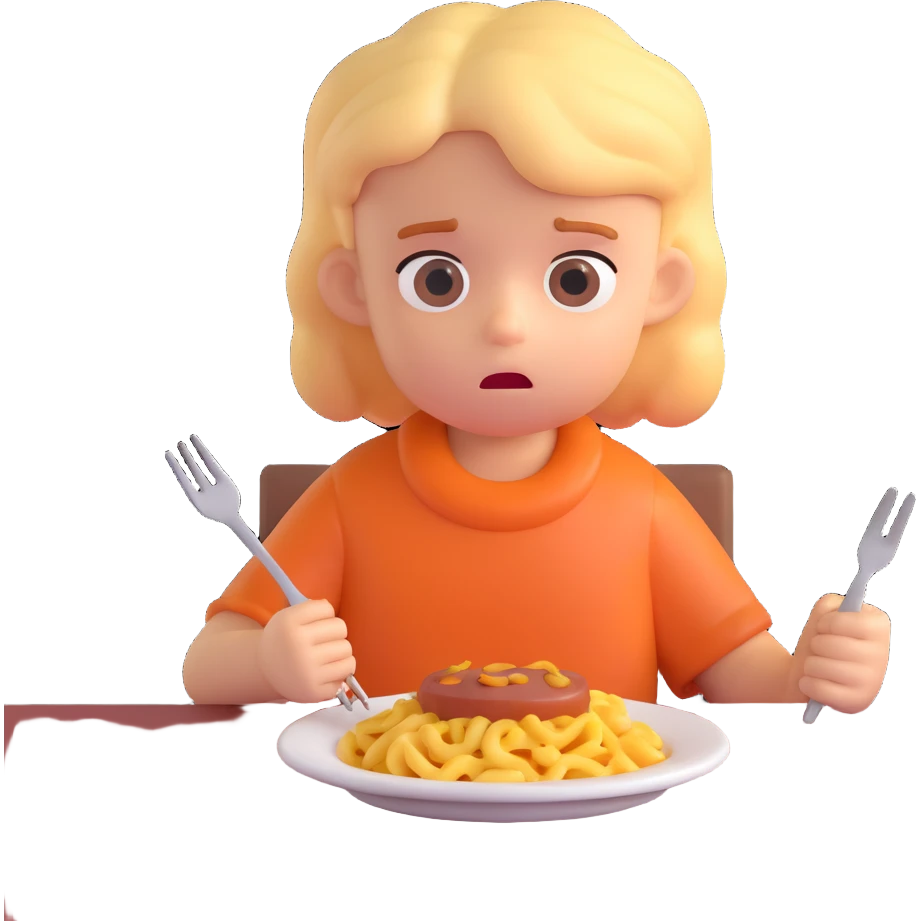 A stylized 3D character of a 6-year-old child sits at a table, looking bored at a plate of macaroni and a meat patty, absentmindedly poking the macaroni with a fork. emoji