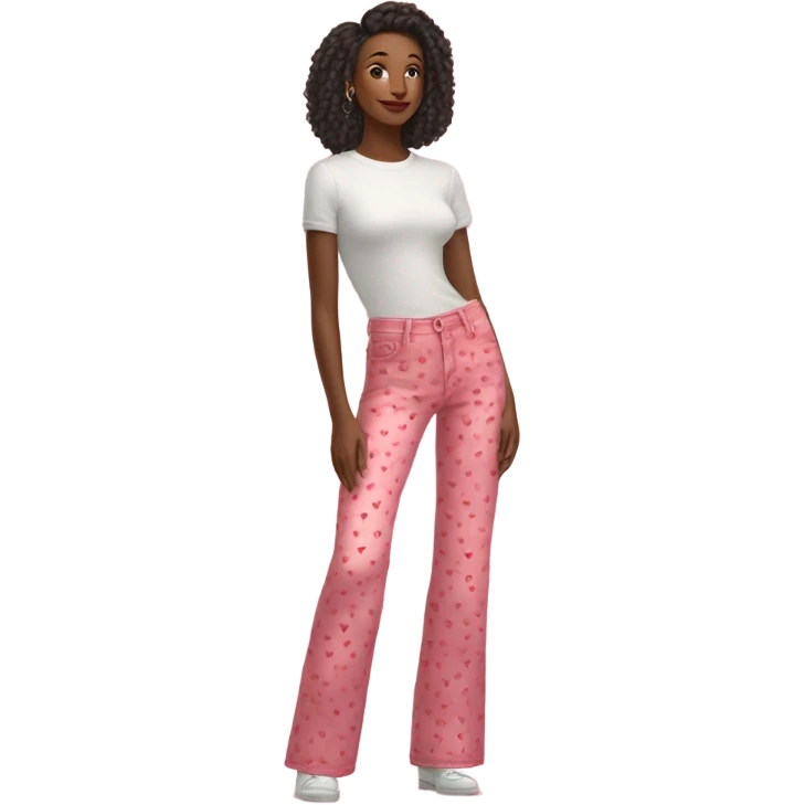 Realistic long Wide leg high waisted pink jeans with small red hearts print, isolated emoji