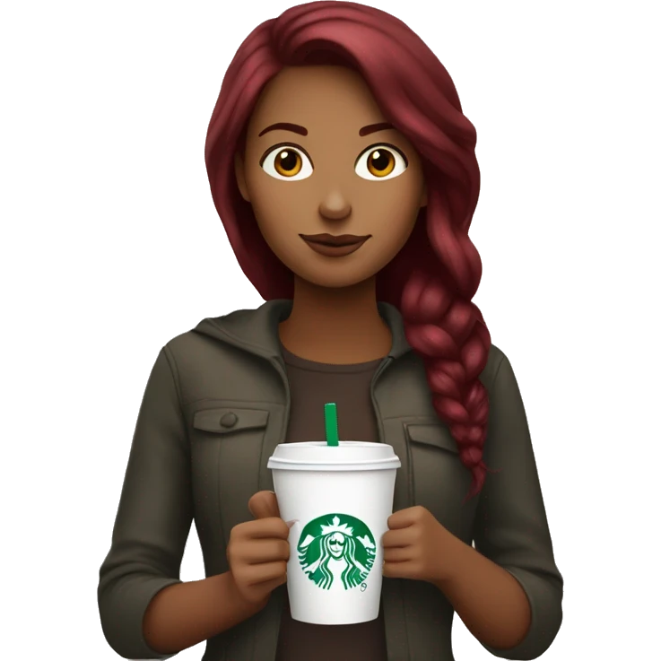 Burgundy haired girl, drinking Starbucks emoji
