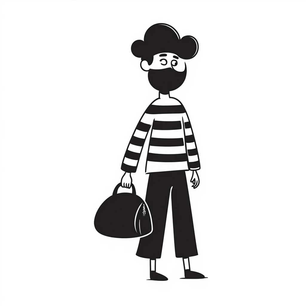 hand drawn doodle style robber with black mask and striped shirt emoji