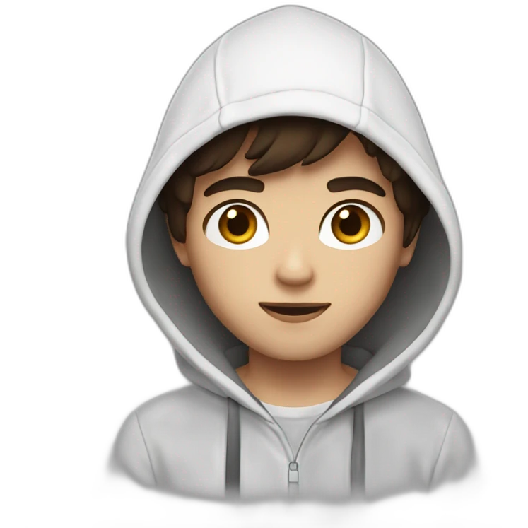 Boy with semi-long semi-dark brown hair with a white hoodie and black eyes emoji