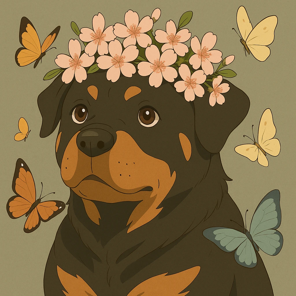 Add butterflies fluttering around the rottweiler with a cherry blossom flower crown, keep the original style and colors emoji