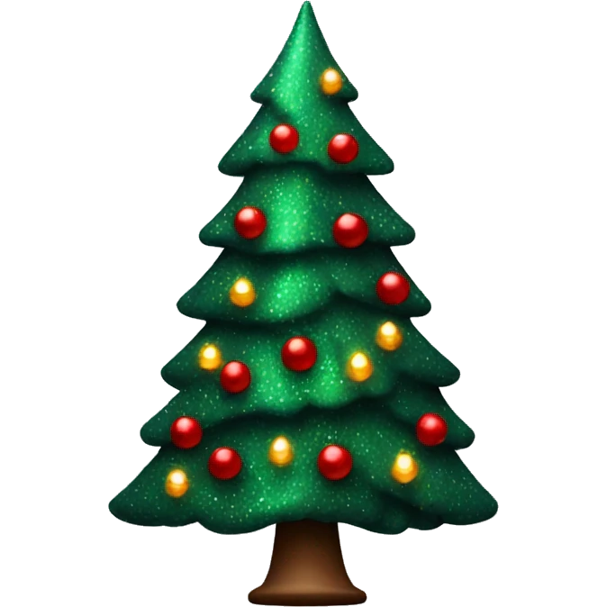 Sparkly dark green christmas tree with small lights and red decor emoji