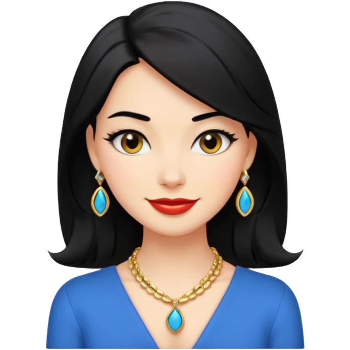 A confident, stylish female cartoon character with black hair, sly smile, flirtatious eyes, elegant pose, jewelry hints, minimalist, high-contrast colors, designed as a small, bold emoji icon. emoji