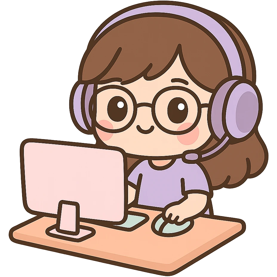 female brunette with glasses and a purple gaming headset, chibi style, sitting at a desk emoji