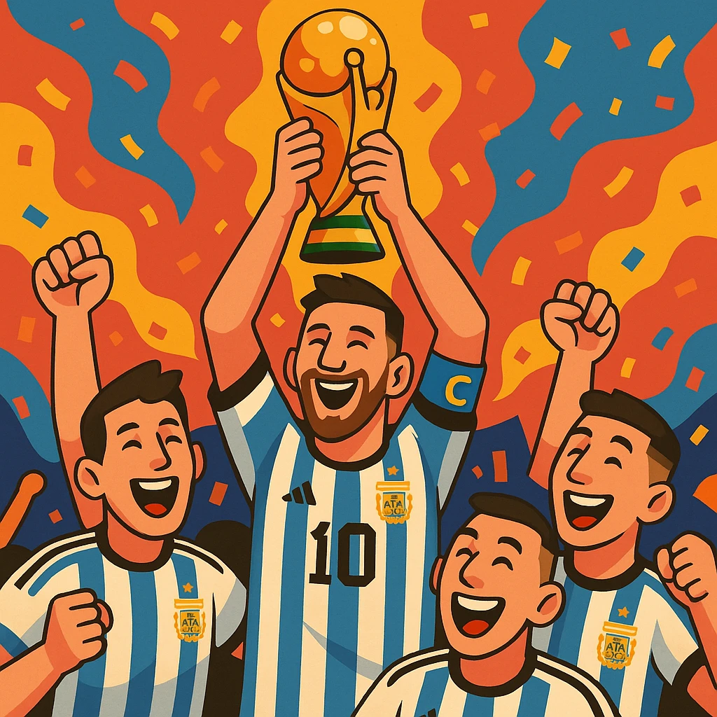 Messi lifting the World Cup above his head, surrounded by teammates, joyful expression emoji