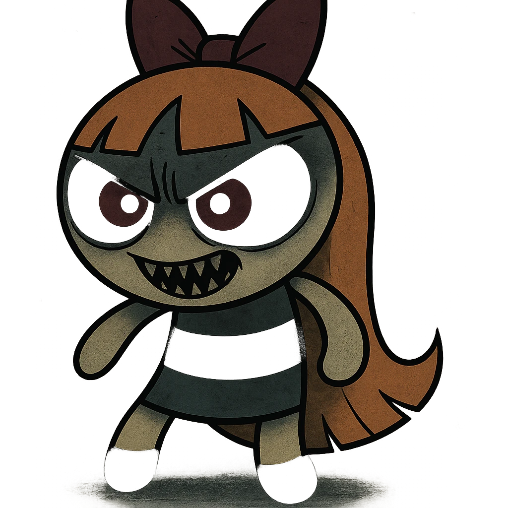 Blossom from Powerpuff Girls, cartoon style, full body, scary and menacing expression, dark and eerie colors emoji