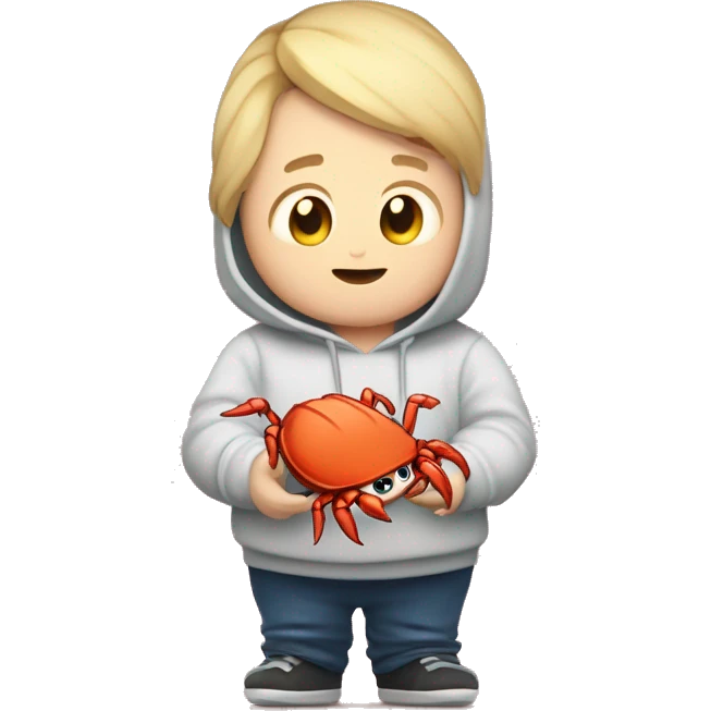 chubby, light hair, short hair, combover, hoodie, holding crab mascot from rust programming language. And a sweet milk in the other hand emoji
