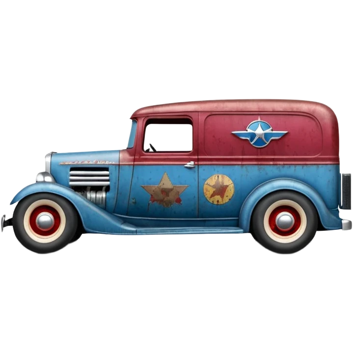 A 1934 body shell rustic old antique rat Chevrolet hot rodded moving van that’s blue and cherry pearl  emoji