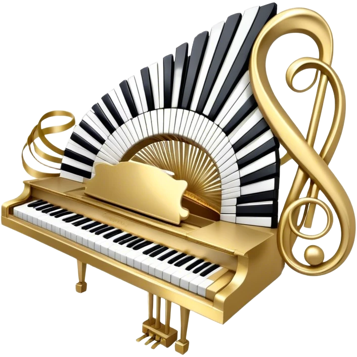 Create an elegant and festive emoji collage representing keyboard instruments, styled like a heraldic emblem. The design should feature a central focal point of black and white piano keys, arranged in a semi-circular or shield-like shape. Around the piano keys, add intertwining musical notes that form flowing ribbons, creating a dynamic and celebratory atmosphere. The design should be professional, with polished silver and gold accents on the keys and notes, highlighting the luxury and sophistication of the instruments. Add subtle shading and lighting effects to give the design a refined, 3D appearance. The background should remain transparent, and the overall feel should evoke grandeur, artistry, and a sense of celebration. emoji