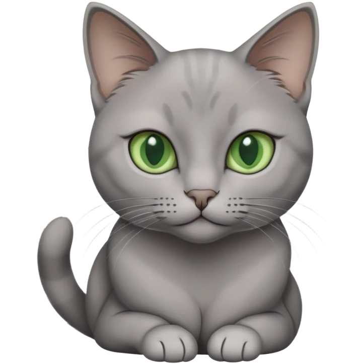 Elegant gray cat with smooth fur, large green eyes, serene expression, sitting facing camera emoji