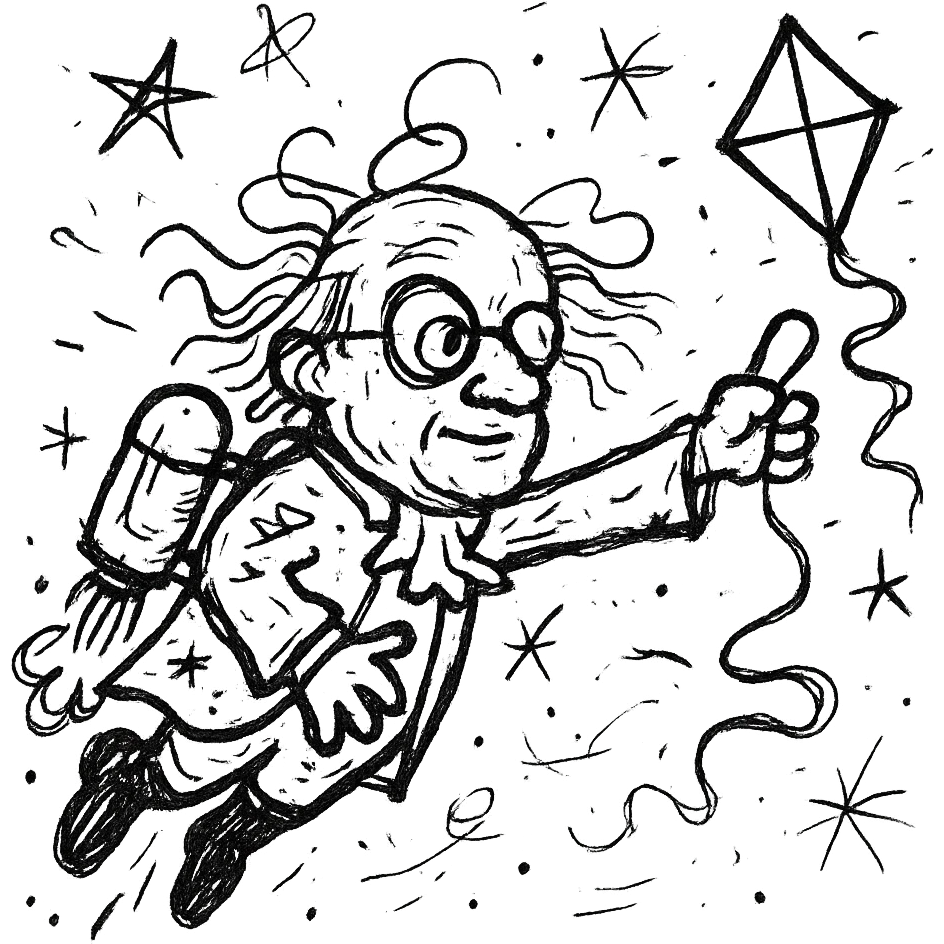 Ben Franklin with jetpack, left hand holding diamond kite, right arm out as if flying, minimalist black outline, slightly chaotic lines emoji