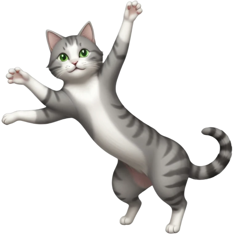 grey and white cat with green eyes doing a big extremely long stretch reaching up into the air with arms and legs side by side together straight and overextended whilst lying on its side emoji